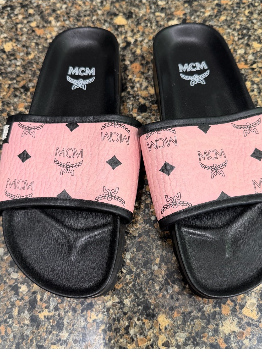 MCM Black & Pink Logo Slide Sandals-size 39